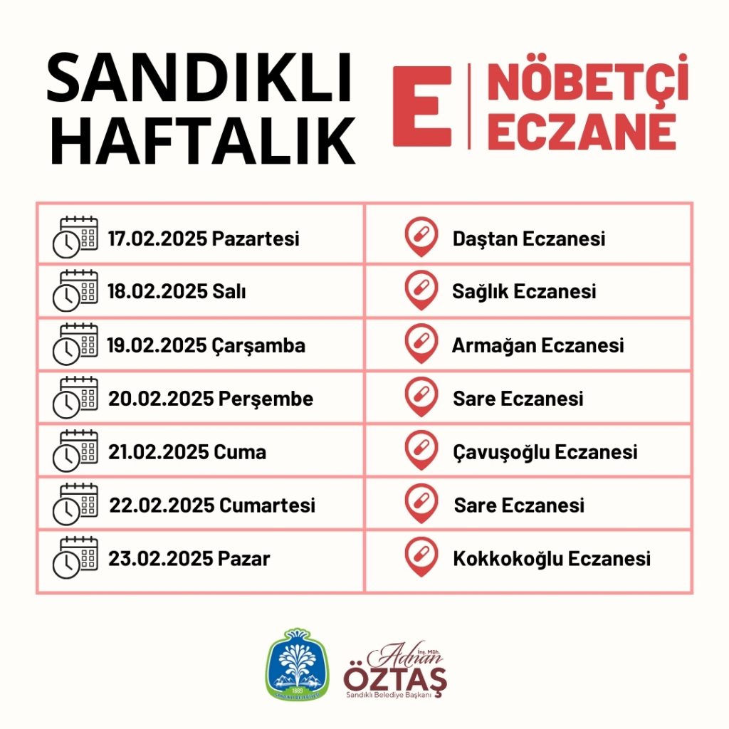 Sandıklı halkımızın sağlığı için her an ulaşabileceğiniz nöbetçi eczanelerimizin listesini sizlerle paylaşıyoruz.